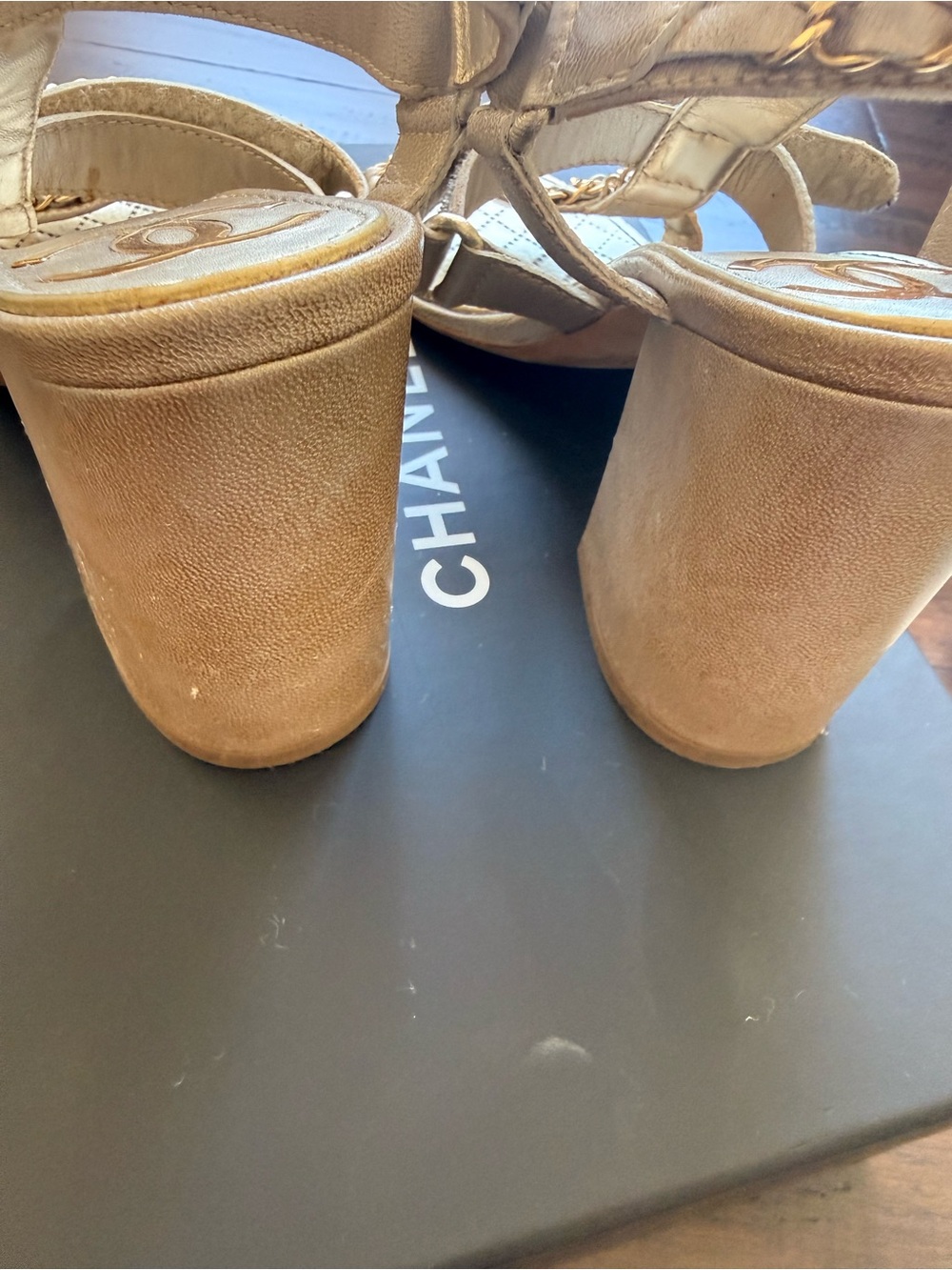 CHANEL Gold Quilted Chain-Trim Heel Strap Sandals with box - Picture 3 of 6
